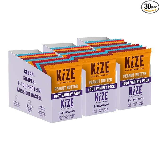 KiZE Energy Bars - Best Sellers Variety Pack - 30-Count -Gluten Free, Dairy Free Options, Non-GMO, and High Protein Meal Replacement Energy Bars, Clean and Simple Food Ingredients - 7-10g High Protein Snacks (30 Count)