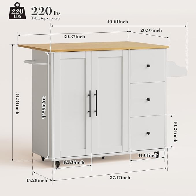 Kitchen Island on Wheels with Storage-Multifunctional Kitchen Island Cart with Drop Leaf, Rolling Island with Spice/Towel Rack,Expandable Island Table Kitchen,39.37" Width,White