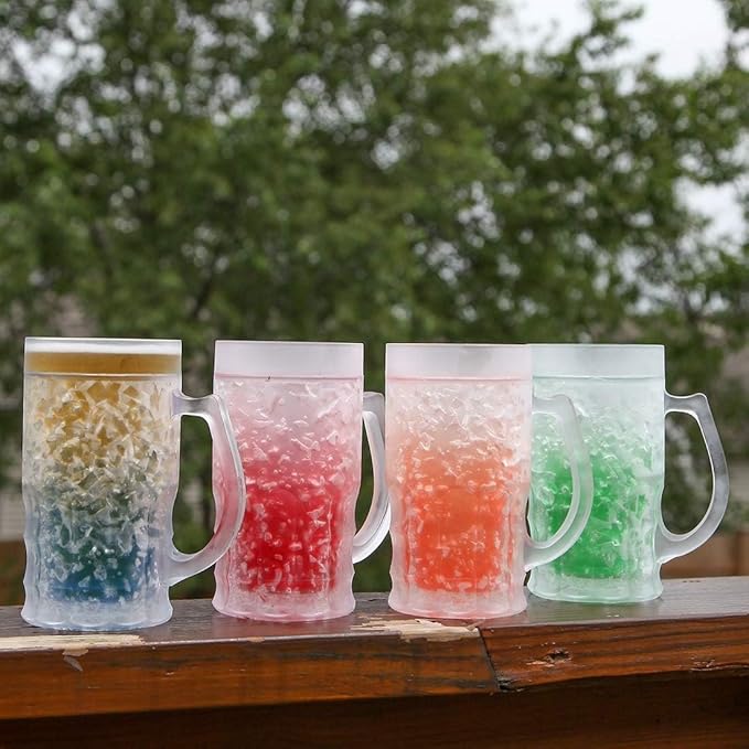 Lily's Home Insulated Double Wall Gel-Filled Acrylic Frosted Freezer Beer Glasses, Great for Enjoying Brews at BBQs and Parties, Clear with Assorted Color Bases (14 oz. Each, Set of 4) - Mug Shape
