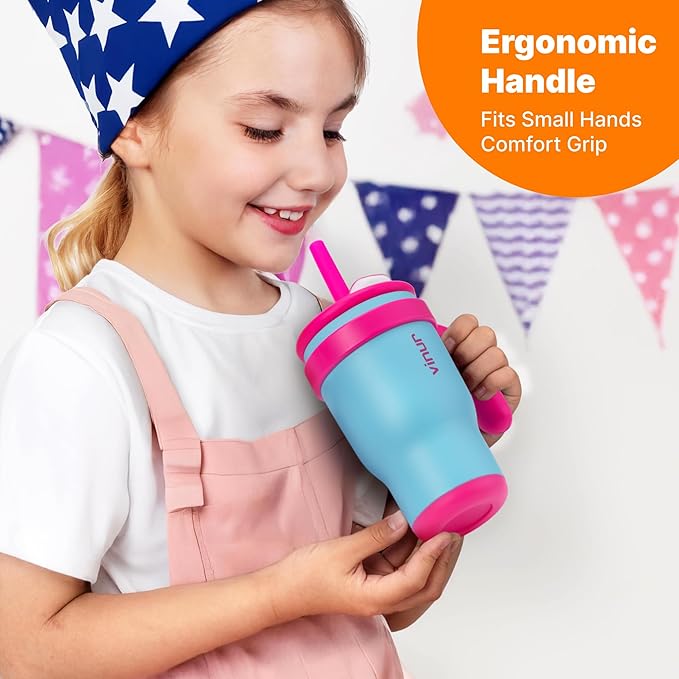 VINUR Kids Tumbler with Handle and Straw Lid-14 oz Stainless Steel Vacuum Insulated Leak Proof Travel Tumbler with Rubber Base-Gifts for Girls, Sky Blue