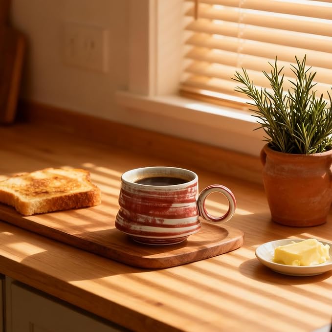Handmade Ceramic Coffee Mug, 8.5 oz Rustic Stoneware Tea Cup, Microwave and Dishwasher Safe(Burgundy)