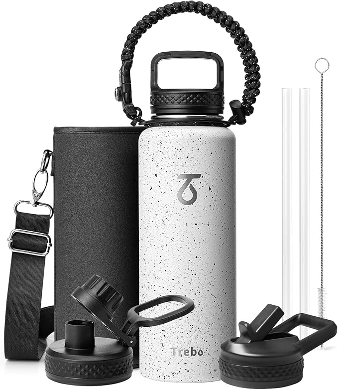 Trebo Water Bottle 40oz with Paracord Handle, Half Gallon Large Vacuum Double Wall Stainless Steel Insulated Water Jug with Holder Strap Straw Spout Lids, Leakproof Keep Cold & Hot,Starry White