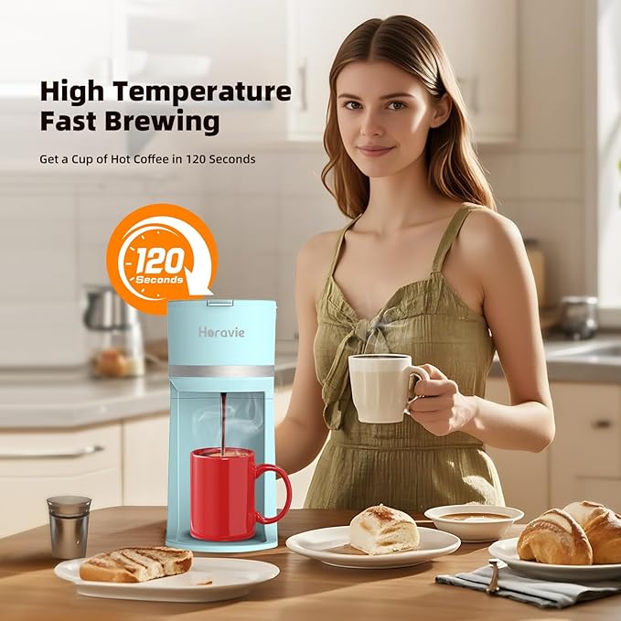 Horavie Mini Single Serve Coffee Maker for K Cup and Ground Coffee, Fast Brew One Cup Coffee Machine with Descaling Reminder and Water Window, 6 to 12 oz. Brew Sizes, Light Blue