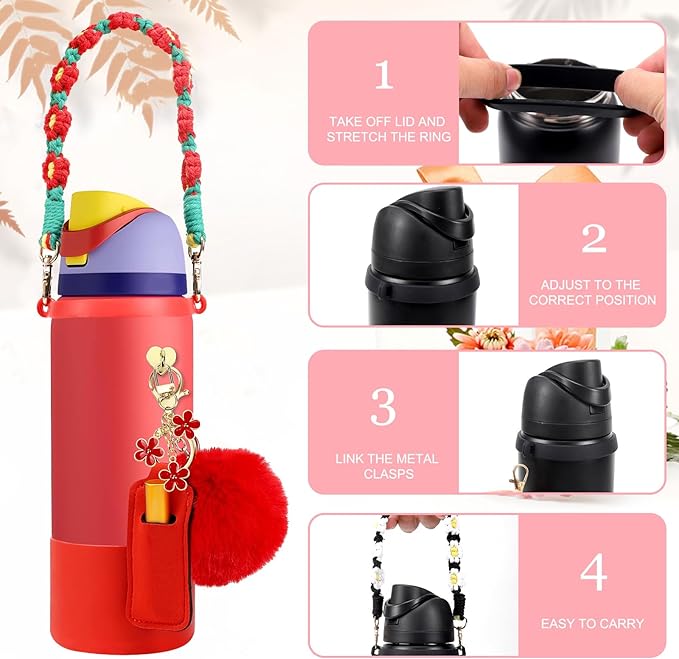 Compatible for Owala Accessories Bundle: Silicone Boot for 24oz & 32oz Bottles, Charms, Handle, Strap, Rubber Bottoms, and Decorative Add-ons for Your Compatible for Owala Water Bottle, Red