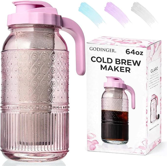 Cold Brew Coffee Maker 64 oz – Airtight Glass Mason Jar Pitcher Brewer with Leak-Proof Lid & Handle, Wide Mouth Iced Coffee Maker, Vintage Kitchen Decor - Blush