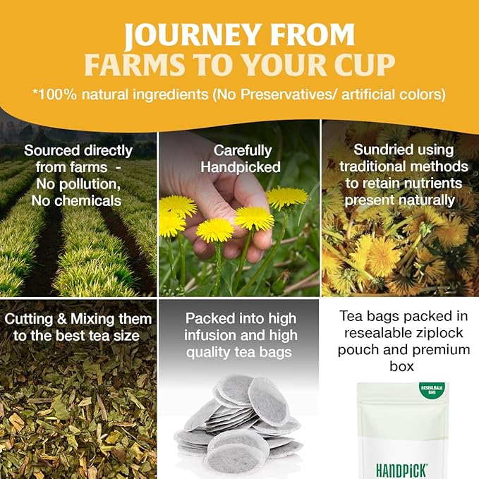 HANDPICK - Dandelion Root Tea bags, 100 Teabags - Natural Dandelion Herbal Tea - Non-GMO - Caffeine-free