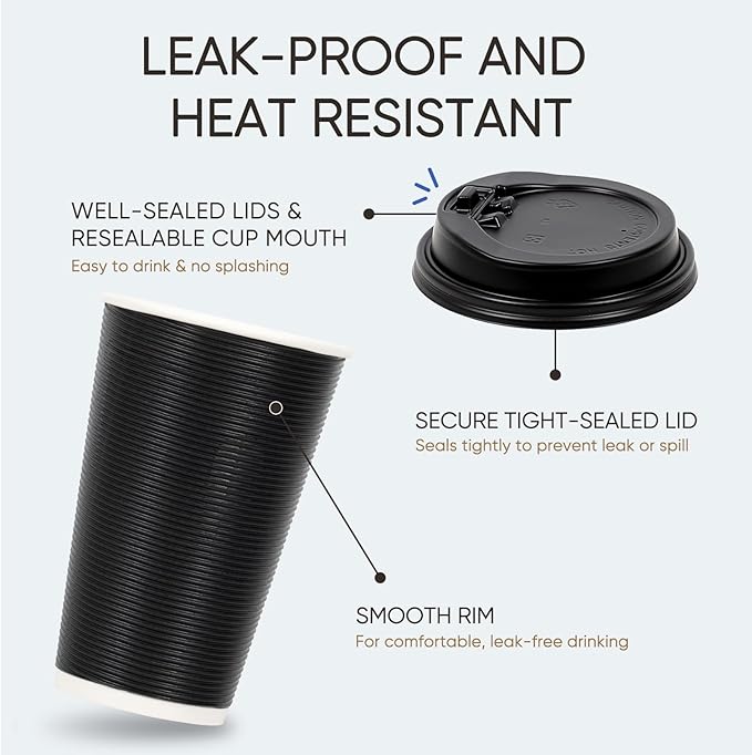 Coolcap 100 Pack 16 oz Disposable Coffee Cups with Lids and Straws, Insulated Ripple Wall To Go Paper Corrugated Cups, Bulk for Hot/Cold Drinks, Cafe Bar, Office, Chocolate, Cocoa (Black)