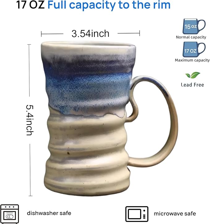 17oz Large Unique Cool Tall Handmade Ceramic Coffee Mug with Comfortable Big handle, Big Pottery Tea Mug, Artisanal Stoneware Coffee cup, Rustic Lead-free Tea Cups, Microwave safe Coffee Cup