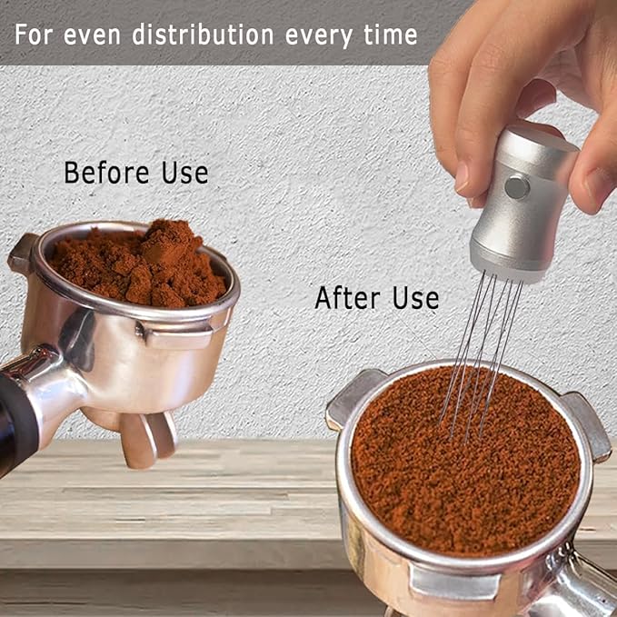 WDT Tool Espresso Distributor - Magnetic Espresso Distribution Tool with 8 x 0.4mm Stainless Steel Needles, Includes 3 Extra Replaceable Needles, Precision Espresso Stirrer (Silver)