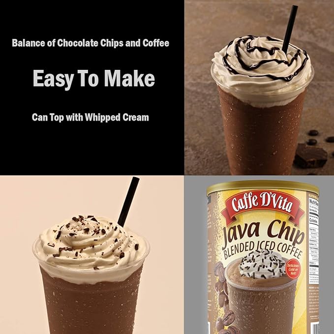 Caffe D'Vita Java Chip Latte Blended Ice Coffee - Java Chip Frappe Mix, Blended Iced Coffee Mix, Gluten Free, Low Fat, No Cholesterol, No Hydrogenated Oils, No Trans Fat, Kosher-Dairy - 3 Lb Can
