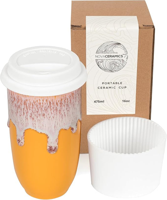NOVA CERAMICS Ceramic Tumbler– Ceramic Travel Mug With Lid – Microwave & Dishwasher Safe Coffee White & Orange Tumbler - Gifts For Women Men Him Her – 16oz – Grapefruit