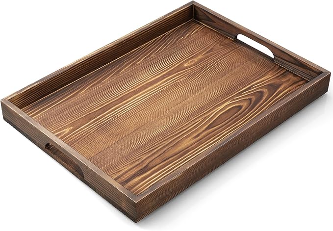 17 Inch Burnt Wood Serving Tray with Handles, Large Wooden Decorative Tray for Ottoman, Breakfast in Bed, Coffee Table, Dinner, Rectangular Tray for Living Room Bedroom Entryway and Kitchen