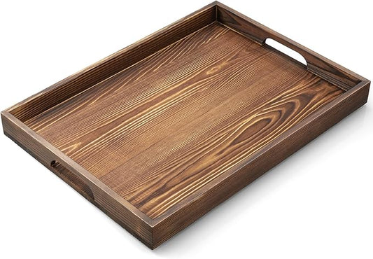 17 Inch Burnt Wood Serving Tray with Handles, Large Wooden Decorative Tray for Ottoman, Breakfast in Bed, Coffee Table, Dinner, Rectangular Tray for Living Room Bedroom Entryway and Kitchen