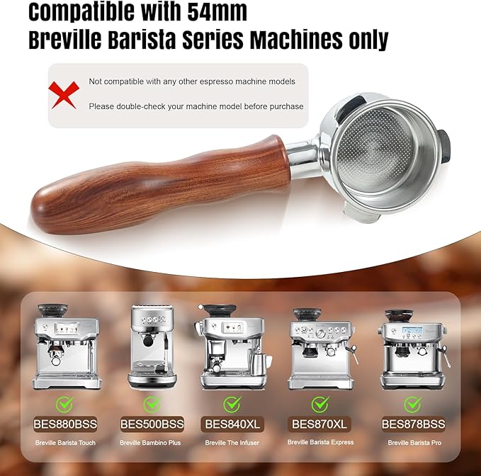 54mm Bottomless Portafilter with Puck Screen 18g Filter Basket Rosewood Handle Fit Breville Barista Express/Pro/Touch/Bambino Plus/Infuser Espresso Machines