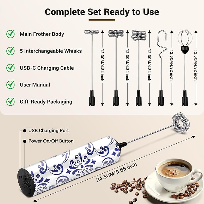 Milk Frother Handheld Rechargeable - 2-Speed Electric Whisk with 5 Detachable Heads (Frother/Mixer/Whisk) for Coffee, Latte, Cappuccino & Matcha, Drink Mixer (Flower 14)