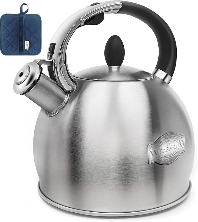 Stainless Steel Tea Kettle, Tea Kettles Stovetop, Vintage Whistling Teapot for Stove, Durable and Rust-Resistant, with a Pot Holder Included, Whistling Tea Kettle 2.64 Quart (Brushed)