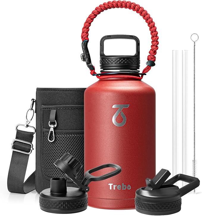 Trebo Water Bottle 64oz with Paracord Handle, Half Gallon Large Vacuum Double Wall Stainless Steel Insulated Water Jug with Holder Strap Straw Spout Lids, Leakproof Keep Cold & Hot, Red