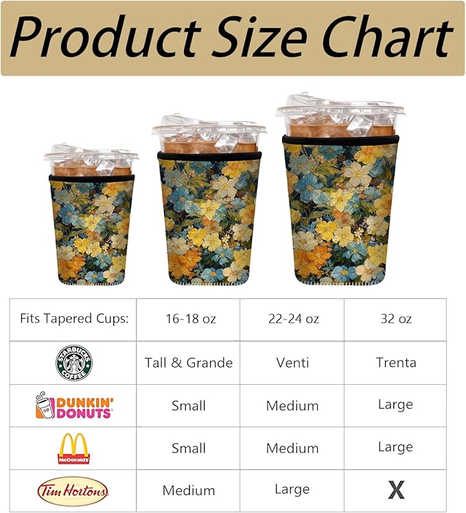 Neoprene Iced Coffee Sleeve 3 Pack, Reusable Insulated Cup Holder with Vintage Oil Painting Floral Pattern, Fits 16–32 oz Tumblers, Compatible with Starbucks & Dunkin