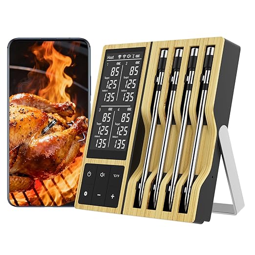 Smart Wireless Meat Thermometer with 4 Probes & APP Alerts, 800ft Bluetooth Grill Food Thermometer, NIST ±0.5℉ Accuracy, Digital Backlit LCD Screen, Standalone Base for BBQ, Oven, Smoker, Kitchen