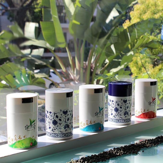 Tightpac Teavac 6-Ounce Vacuum Sealed Tea Storage Container, Blue Cap and White Body/Floral Design