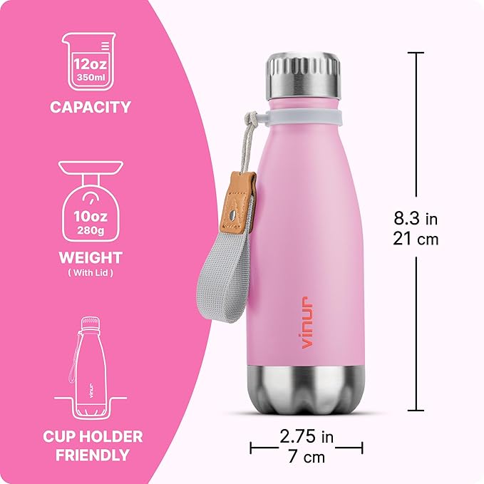 VINUR Kids Water Bottle-12 oz Stainless Steel Double Wall Vacuum Insulated Water Bottle for School-Cola Shape Flask with Carry Rope(Purple Pink)