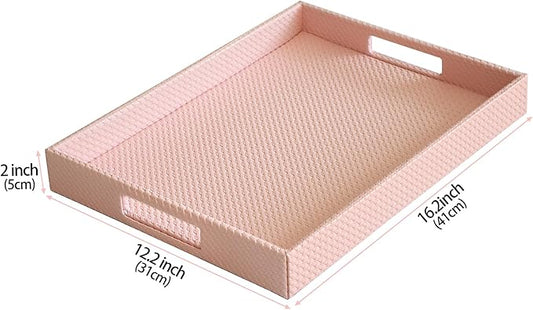HofferRuffer Rectangle Serving Tray with Hole Handles for Coffee Table, Breakfast, Tea, Food, Butler - Countertop, Kitchen, Vanity Serve Tray, 16.2 x 12.2 x 2 inches, Faux Leather (Pink)