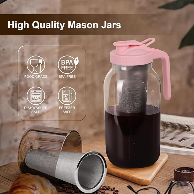 Cold Brew Coffee Maker - 64 Oz Heavy-Duty Glass Mason Jar Pitcher with Stainless Steel Filter, Leak-Proof Lid, Ergonomic Handle & Precision Pour Spout – Ideal for Iced Coffee, Tea, Cold Brew (Pink)