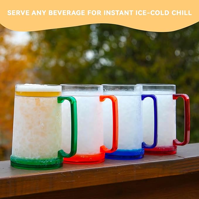 Lily's Home Freezer Beer Mugs, Set of 4-16oz Double Wall Gel-Filled Acrylic Frosty Stein, Break-Resistant with Color-Coded Handles for Home Bar, Pool Parties, BBQ & Outdoor Gifts