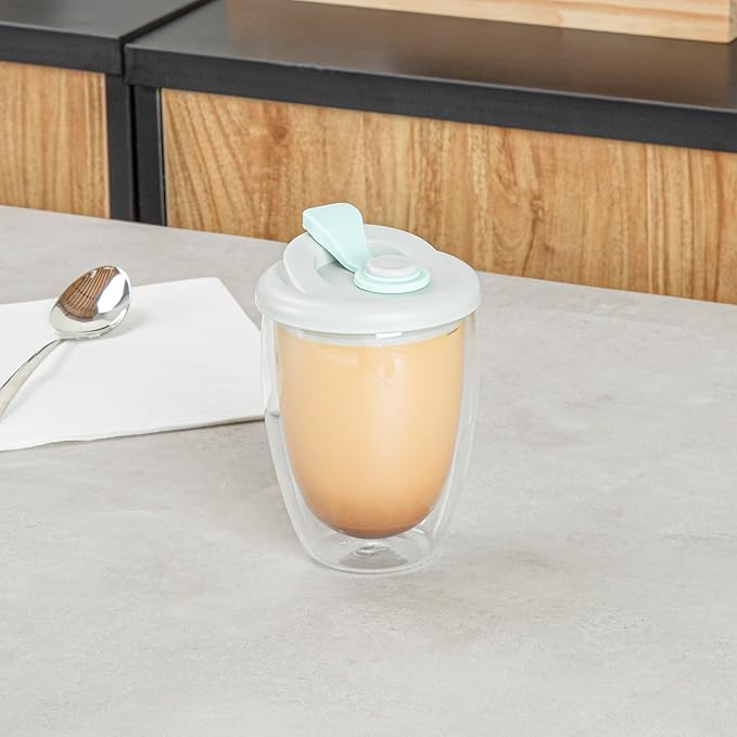 Restaurantware Glass Travel Mug 1 Count 12 Ounce Double Wall Borosilicate Reusable Coffee Cup, Spill-Resistant Gray and Green Silicone Lid, Clear Drinkware Mug for Hot and Cold Beverages