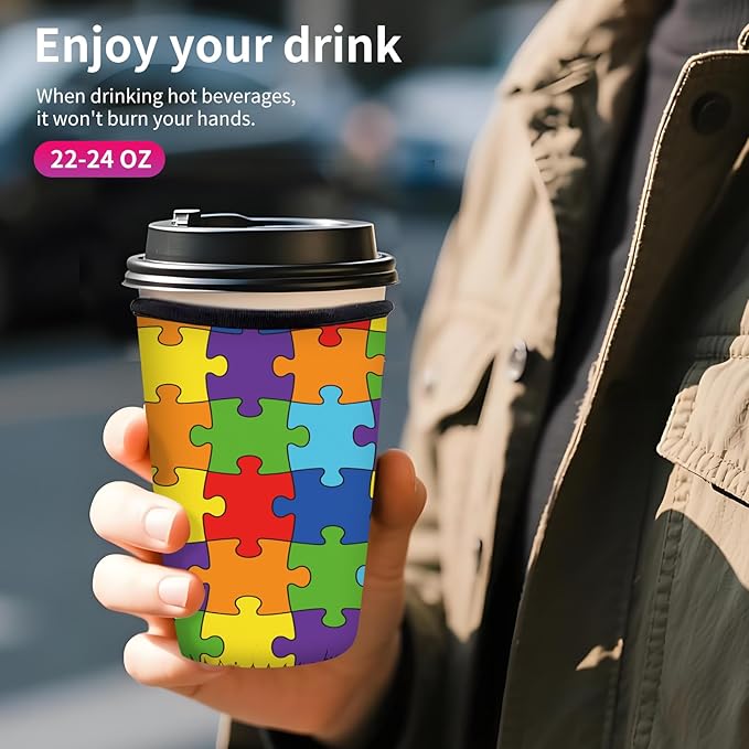 Reusable Neoprene Insulator Sleeve for Iced Coffee Cups, Medium 22-28oz Durable Drink Sleeve for Cold Beverages, Cute Beverage Holder Cup Sleeve for Women Men Cute Jigsaw