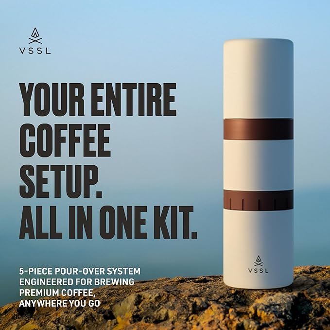 VSSL - Nest Pour Over Coffee Kit + Java G25 Bean Grinder Bundle | Coffee for Camping | Pour Over Dripper | Two 10oz Stainless Steel Travel Mugs | Cream/Bronze