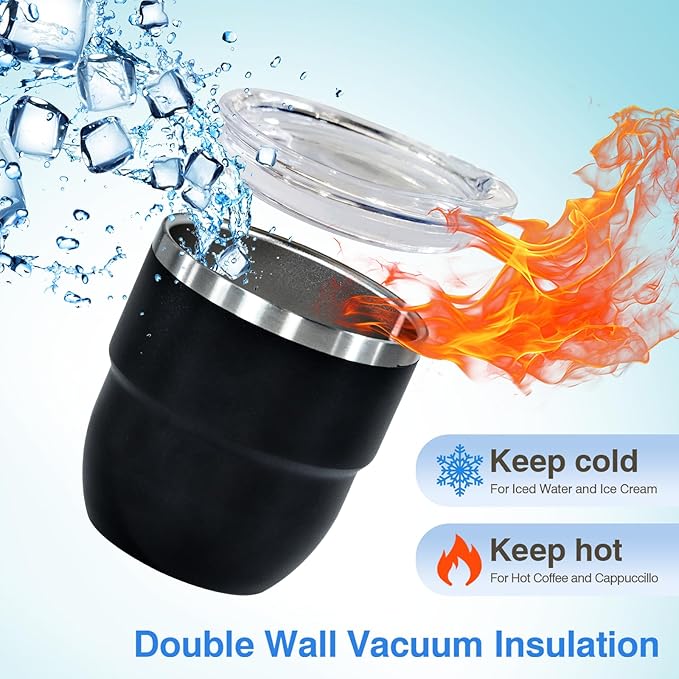 4oz Stackable Cup, Vacuum Insulated Espresso Cup Set of 2, Espresso Shot Glass for Coffee, Double Wall Stainless Steel Mini Tumbler Shot Glasses with Straw and Lid