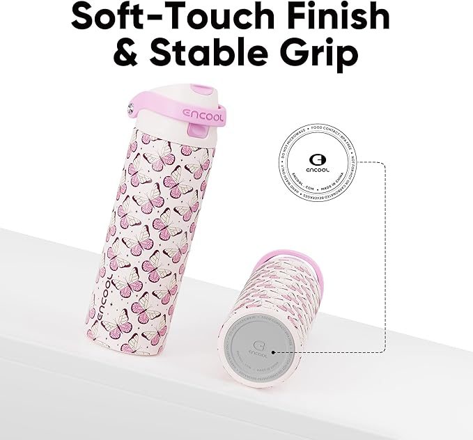 ENCOOL Leakproof Insulated Water Bottle with Straw Dual-Sip Water Bottle Bag-Safe Design for Work, Commute & Gym – Keeps Drinks Cold All Day, 24 oz, Blush Butterfly