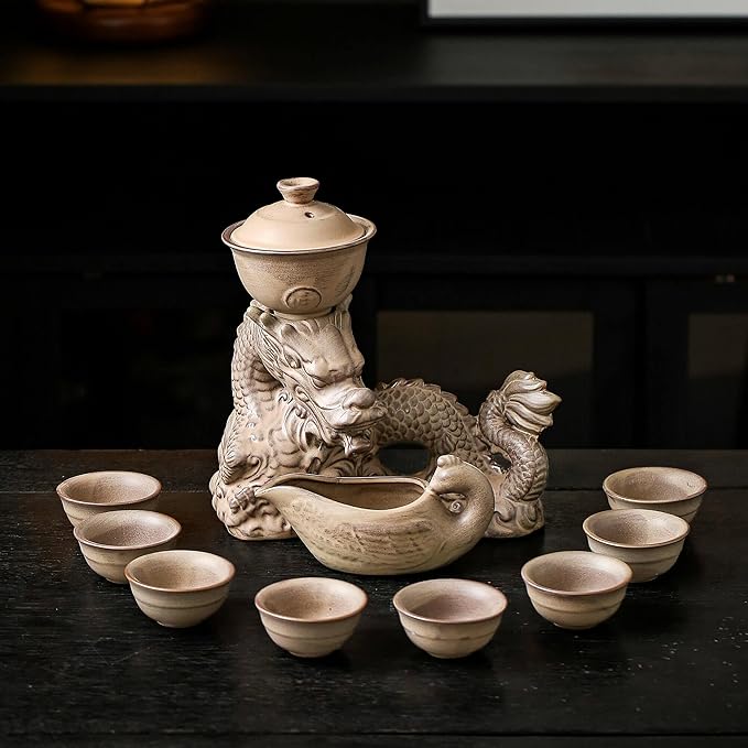 Ceramic Teapot with Infuser Semi Automatic Tea Set Magic Teapot with 8 cups Gradient Color (Retro Dragon- C)