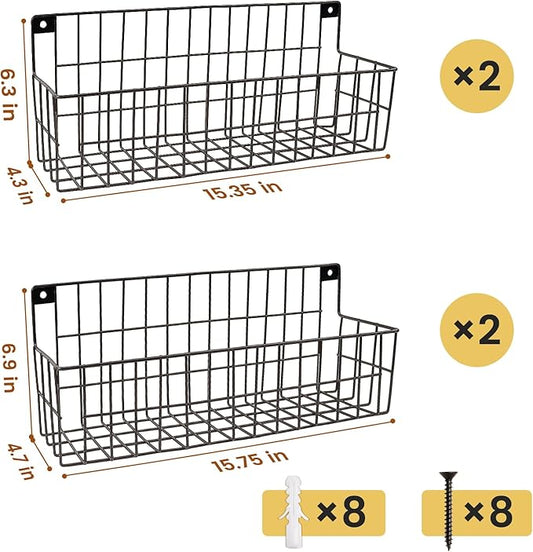 4 Set Extra Large Hanging Wall Wire Baskets, Hanging Wall Mount Storage Baskets, Metal Hanging Wire Basket for Organizing and Storage, Sturdy Wall Organizer for Home Kitchen Bathroom Storage, Black