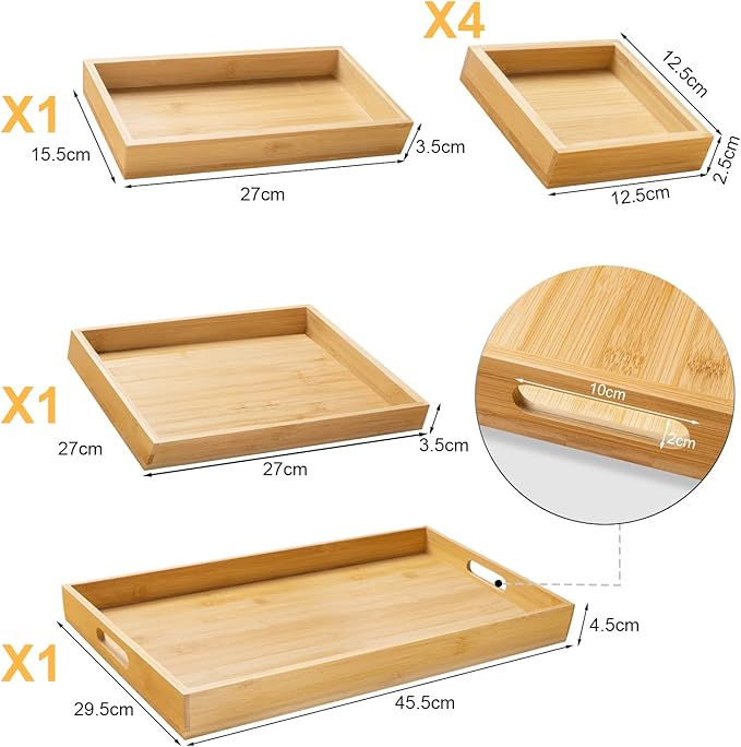 Wooden Serving Trays with Handle - Set of 7 - Large, Medium, Small and Mini - Nesting Multipurpose Trays - for Breakfast, Coffee Table/Butler & More - Light & Sturdy Wood Tray