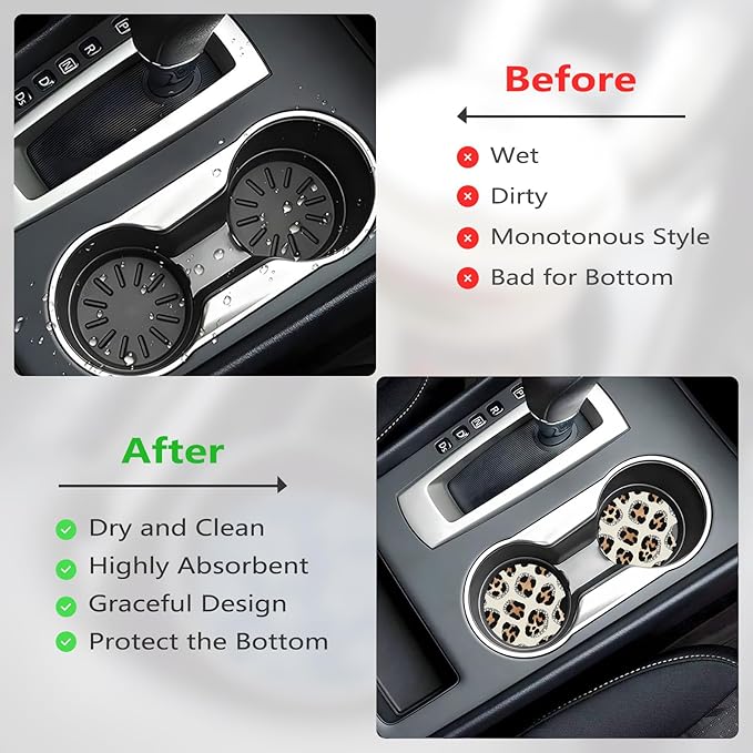 Car Cup Holder Coasters, 2 Pcs Ceramic Coasters with Finger Slot and Cork Back, Anti-Slip Shock Absorbing Women and Men Universal Car Accessories - Art Leopard Print