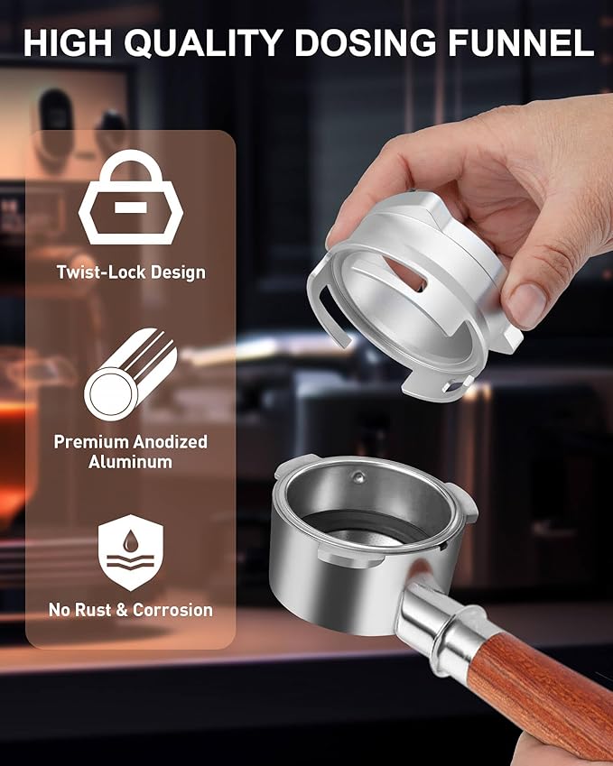 Vomika 54mm Coffee Dosing Funnel, Hands-Free Aluminum Dosing Ring & 53.5mm Stainless Steel Puck Screen, Espresso Accessories suitable for 54mm Breville Barista Portafilters, with Grinding Trigger