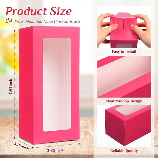 Honoson 24 Pcs Tumbler Gift Box with Ribbon for Sublimation Glass Exhibition Boxes Transparent for 12oz 16oz 20oz Drinking Cup Glasses Jars Mug Can Blanks(Hot Pink)