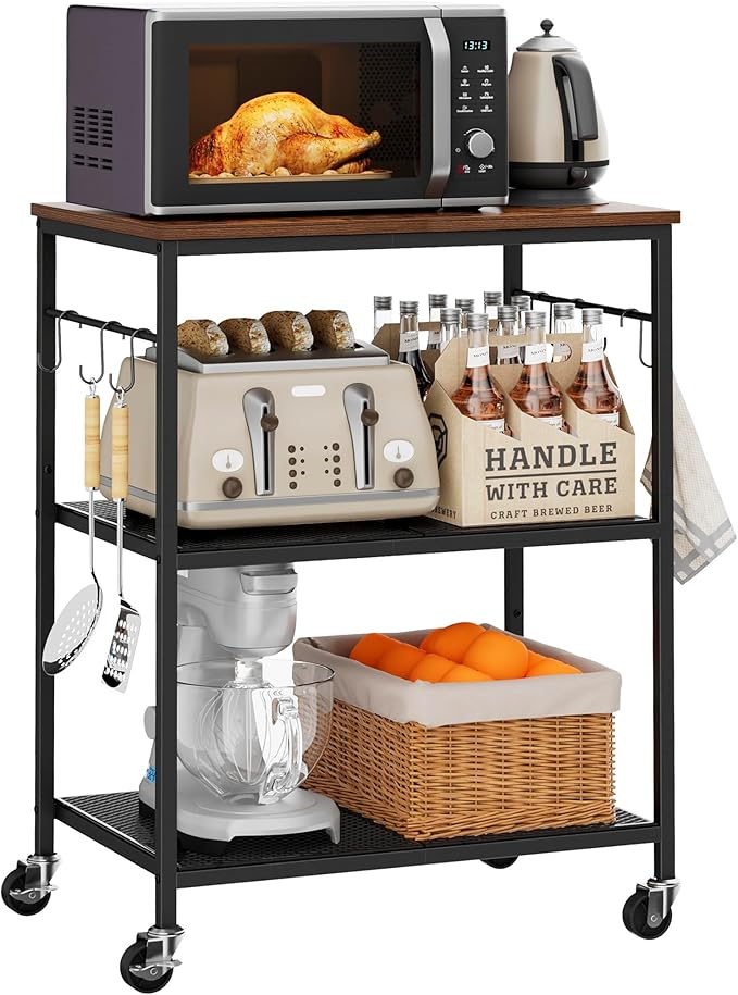 3-Tier Rolling Kitchen Microwave Cart, Kitchen Utility Cart on Lockable Wheels, Coffee Bar Table Station with 6 S-Shaped Hooks, Small Appliance Storage Shelf, Rustic Brown and Black