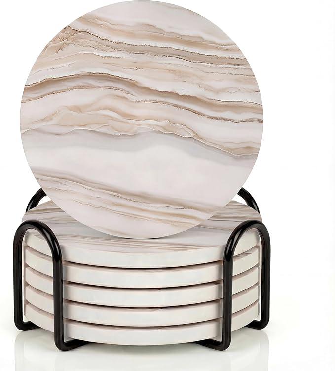 VEYRO Ceramic Coasters Set of 6 – Absorbent Stone Drink Coasters with Holder, Non-Slip Cork Backing, Modern Marble Look Coasters for Coffee Table, Desk & Home Decor