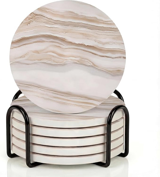 VEYRO Ceramic Coasters Set of 6 – Absorbent Stone Drink Coasters with Holder, Non-Slip Cork Backing, Modern Marble Look Coasters for Coffee Table, Desk & Home Decor