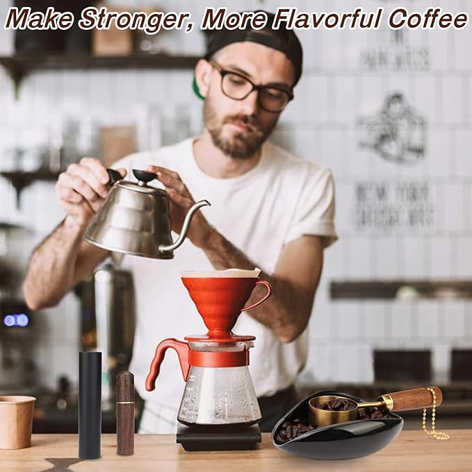 4Pcs Coffee Bean Dosing Cup, Spray Bottle, Spoon and Stirrer Tool Set, Coffee Bar Accessories Ceramic Espresso Dosing Funnel Spray Bottle for Reducing Coffee Static, Coffee Lover Gift (Black)