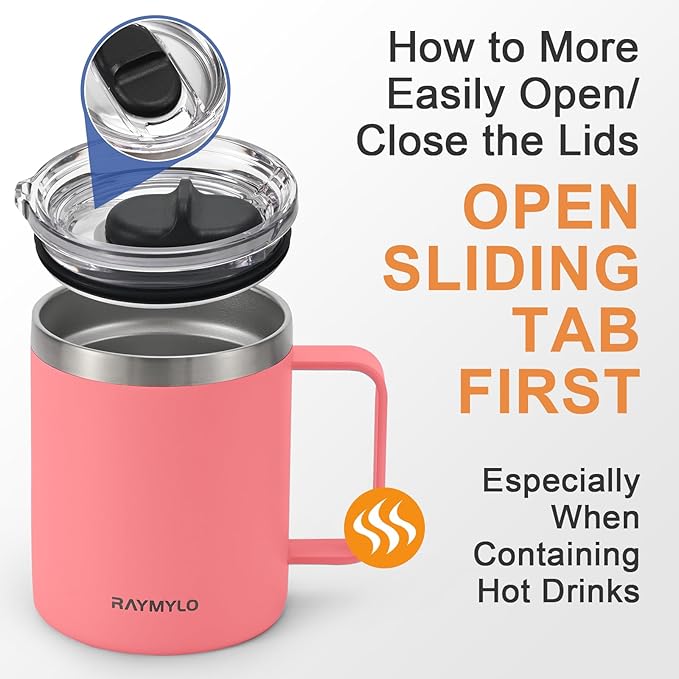 Insulated Coffee Mug 12 oz, Double Wall Stainless Steel Coffee Mug with Lids, Leak-Proof & Detachable Slider Lid for Thorough Clean, Keeps Coffee Cold for 9 Hrs, Suitable for Camp Home Office