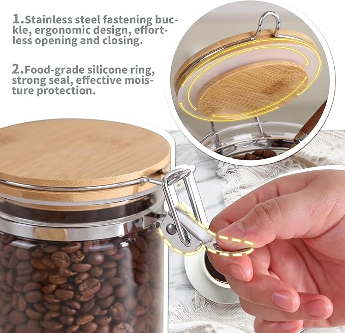 KKC HOME ACCENTS Clear Glass Food Storage Containers with Lids and Wooden Rack Set, Airtight Jar Canister with Bamboo Clamp Lid for Cereal, Dry Food, Coffee Bean, and Sugar,40 Fluid Ounce