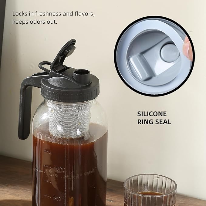 64 oz Cold Brew Coffee Maker, Glass Mason Jar Pitcher with Pour Spout Handle Lid with Stainless Steel Filter with Cleaning Brush, for Ice Tea, Leak Proof Half Gallon Storage Container (Black)
