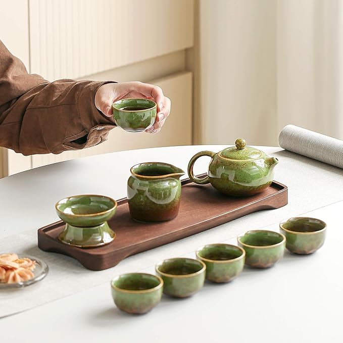 Chinese Tea Set, 10-Piece Ceramic Set with Teapot and Cups, Gongfu Tea Set,Tea Gift Sets,Outdoor and Office (Kiln-Changed Green)