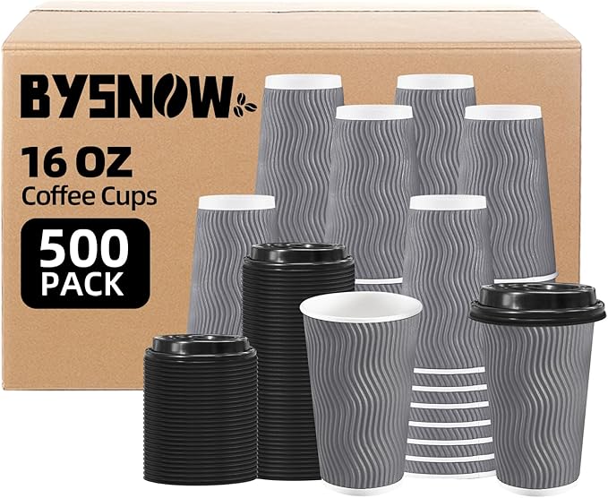 BYSNOW 16 oz Coffee Cups with Lid, 500 Pack Disposable Coffee Cups Insulated Ripple Paper Cups for Water, Juice, Coffee (Gray 16 oz)
