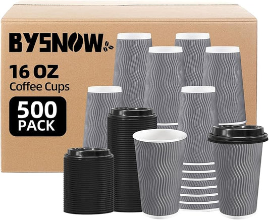 BYSNOW 16 oz Coffee Cups with Lid, 500 Pack Disposable Coffee Cups Insulated Ripple Paper Cups for Water, Juice, Coffee (Gray 16 oz)