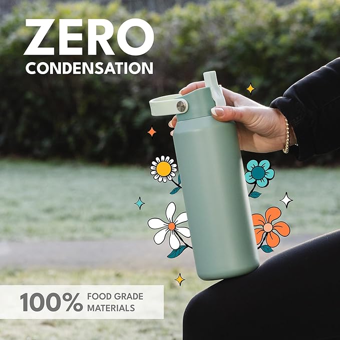 Elemental 40oz Insulated Water Bottle with Straw - 100% Leak-Proof Stainless Steel Core Water Bottles for Travel, Sports and Gym - Double Wall Insulation & BPA Free - Sage